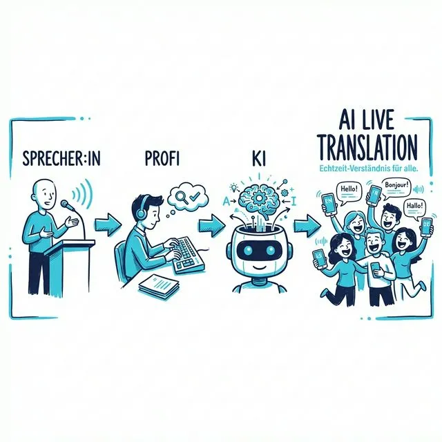 Ablauf: Sprecher -> Profi -> KI -> Publikum (Live Translation)